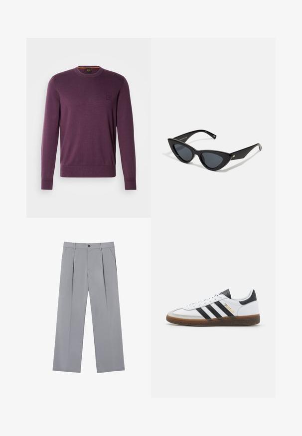 Purple crew-neck sweater made of soft fabric. Features long sleeves, ribbed cuffs, and a small embossed logo on the chest.; Gray pleated trousers with a relaxed fit, made from a lightweight fabric. Features front pockets and a button closure at the waist.; White leather sneaker with black suede accents, three black stripes, beige rubber sole, and gold "SPEZIAL" branding on the side.; Cat-eye sunglasses with a glossy black plastic frame, dark lenses, and gold accent detailing on the temples. Angular design with sleek lines.
