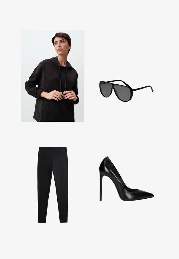 Schwarzer Kapuzenpullover mit langen Ärmeln, der im oberen Teil einen strukturierten Stoff aufweist, mit verstellbaren Kordelzügen und elastischen Bündchen.; Schwarze Leggings aus glattem, dehnbarem Stoff. Mit einem breiten Bund und tailliertem Bein Design, geeignet für aktive oder lässige Kleidung.; Schwarze Leder-Pumps mit hohen Absätzen, spitzer Zehenform und glatter Oberfläche. Verfügt über eine elegante Silhouette und einen Stiletto-Absatz.; Schwarze Übergrößen-Sonnenbrille mit gebogenen Gläsern, Kunststoffrahmen und schlankem Design. Verfügt über einen dunkelgrauen Farbton und schlanke Bügel für einen modernen Look.; Schwarze strukturierte Handtasche aus Leder mit einem oberen Tragegriff, abnehmbarem Schulterriemen und einer Klappe auf der Vorderseite. Akzente in Goldmetall.