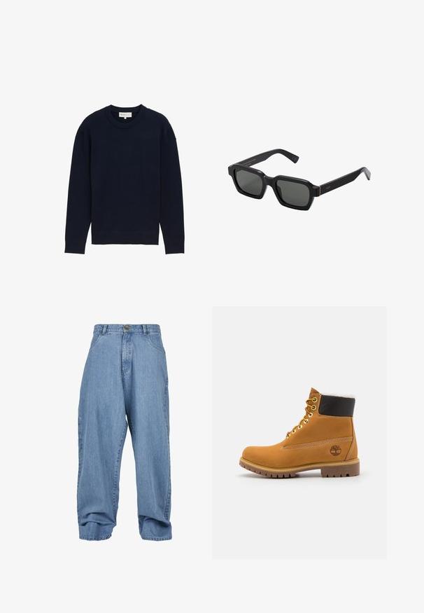 Navy blue long-sleeve pullover sweater with a ribbed crew neckline and cuffs, displayed against a plain white background.; Light blue denim trousers with a loose fit, button closure, front pockets, and a cuffed hem, featuring a classic five-pocket design.; Brown leather ankle boot with metal eyelets, white fur lining, black padded collar, rugged sole, and embossed logo on the side.; Black, square-shaped sunglasses with gray lenses. Thick plastic frames feature gold accents and branding on the temple. Smooth texture.