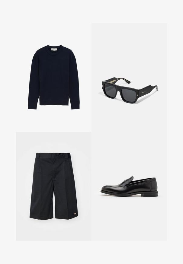 Jūras zila garo piedurknu džemperis ar ribotu apkakli un aprocēm, izstādīts uz vienkārša balta fona.; Melni šorti ar pielāgotu dizainu, ar taisniem priekšējiem krokām, standarta jostasvietu un sānu kabatām. Izgatavoti no izturīgas auduma.; Melnas ādas kurpes ar gludu tekstūru, noapaļu purngalu un dekoratīvu siksniņu pāri priekšpusei. Zems sakrauts papēdis, minimālisma dizains.; Melni saulesbrilles ar bieziem, kvadrātveida plastikāta rāmjiem un tonētiem stikliem. Iezīmējas ar zelta apdari pie tempļiem un matētu virsmu.