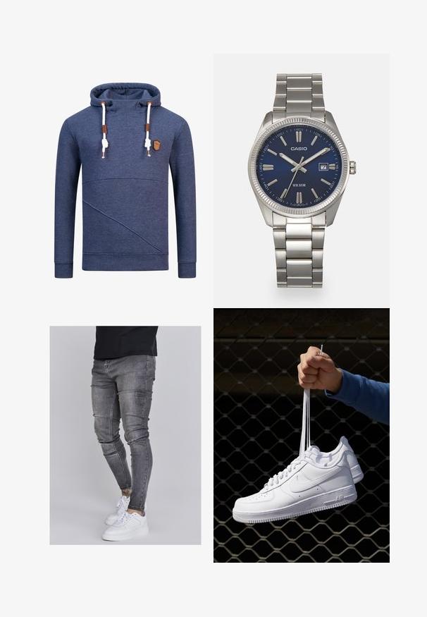 Marineblaues Kapuzenshirt aus strukturiertem Stoff, mit einer Kängurutasche, diagonalen Nahtakzenten, weißen Kordeln und einem braunen Logopatch.; Schlanke Jeans aus ausgebleichtem grauem Denim, mit abgenutzten Details an den Knien, kombiniert mit weißen Sneakers. Glatte Textur, schlanker Schnitt.; Weiße Leder-Sneaker mit Perforationen, runder Zehenpartie, flacher Sohle und dicken Schnürsenkeln, mit sichtbar eingesticktem Swoosh-Logo und "AIR" an der Ferse.; Silberner Armbanduhr aus Edelstahl mit einem dunkelblauen Zifferblatt, metallischen Stundenmarkierungen und einem Datumsfenster bei 3 Uhr. Wasserdicht bis 50 Meter.