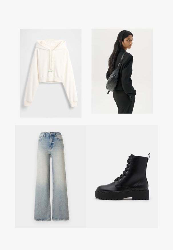 Cropped white hoodie with a drawstring hood, embossed "GAP" logo, ribbed cuffs, and a green accent tag at the hem. Soft, smooth texture.; Light blue wide-leg jeans made of denim, featuring a high waist, five pockets, and visible stitching along the seams.; Black leather ankle boot with a thick, textured sole, round toe, and metal eyelets for laces. Features a pull tab on the back.; Woman with long dark hair wearing a black suit, carrying a black leather shoulder bag, looking over her shoulder against a white background.
