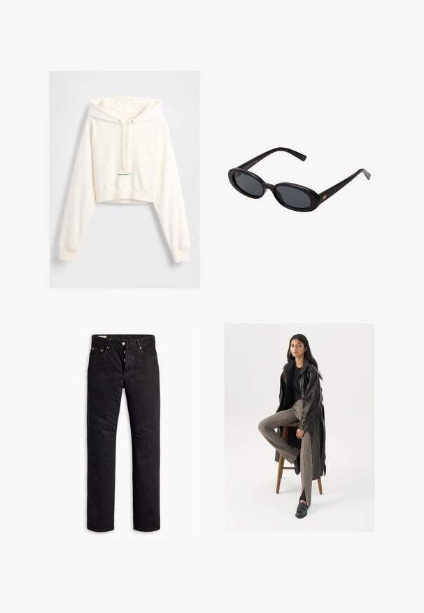 Baltas užrišamas gobtuvas su raišteliu, įspaustu „GAP“ logotipu, ribotais rankogaliais ir žaliu akcentuotu ženkleliu apačioje. Minkšta, lygi tekstūra.; Juodos džinsinės kelnės su tiesiu kirpimu, penkių kišenių dizainu ir sagos užsegimu. Puikuojasi variniais kniedėmis ir siuvinėjimo akcentais.; Juodas odinis ilgas paltas su mygtukais ir diržo detalėmis, derinamas su šviesiai rudomis prigludusiomis kelnėmis ir juodais loaferiais, sėdintis ant medinės taburetės.; Juodos didelės saulės akinių su ovaliais objektyvais, lygia plastiko rėmeliu ir aukso akcentais ant šventyklos. Tamsūs objektyvai suteikia apsaugą nuo saulės.; Juodas odinis rankinės maišas su dviem ilgais rankenų, užtrauktuko uždarymu ir apvalia forma; lygi tekstūra su subtiliu blizgiu paviršiumi.