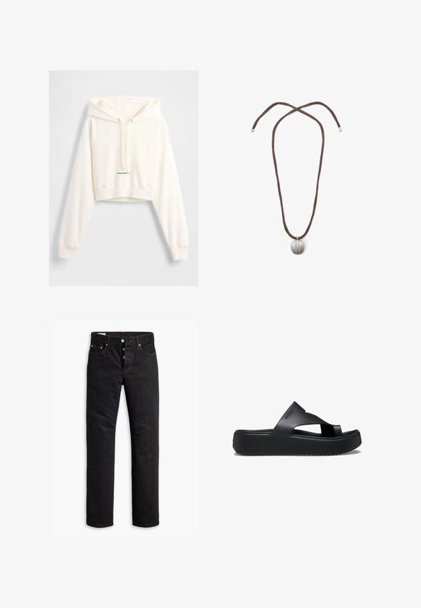 Witte cropped hoodie met capuchon met trekkoord, geperst "GAP"-logo, geribbelde manchetten en een groene accentenlabel aan de zoom. Zachte, gladde textuur.; Zwarte denim jeans met een rechte snit, vijf-pocket ontwerp en een knoopsluiting. Beschikt over koperen klinknagels en stikselaccenten.; Zwarte platform flip-flops met een getextureerde rubberen zool, voorzien van een kruisbandontwerp en een matte afwerking. Merklocatie subtiel aan de zijkant.; Halsketting met een bruine koord en een zilveren ovale hanger. De hanger heeft een glad oppervlak en een lichte indeuking in het midden.