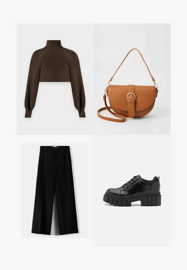 Barna, cropped garbónyakú pulóver, bordázott textúrával és dús ujjakkal, puha, meleg anyagból készült.; Fekete, bő szárú nadrág, könnyű anyagból, elöl gombos záródással és sima elfröccsenésű fazonnal, szépen varrott szegélyekkel.; Fekete bőr platform cipők vaskos blokk sarkakkal, kerek orral és hagyományos fűzős kialakítással. Simára csiszolt felület és minimális részletezés jellemzi.; Barna bőr keresztbody táska ívelt formával, aranyszínű fémrészekkel és csat díszítéssel. Levehető vállpánttal rendelkezik.