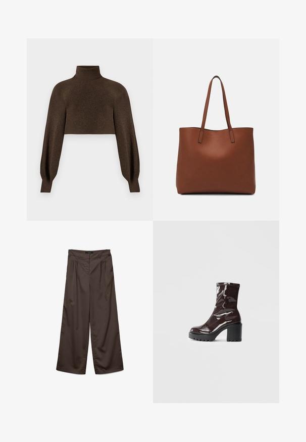 Brun kortärmad polotröja med ribbad textur och voluminösa ärmar, tillverkad av mjukt och varmt material.; Breda byxor i mörkbrunt tyg med en slät textur. Funktioner inkluderar veck framtill och ett standard midjeband.; Glansig bordeauxfärgad ankelsko med en kraftig svart klack, som har en slät yta och enkel design. Inga synliga stängningar eller mönster.; Brun läder tote-väska med en slät textur, öppen toppdesign och två axelremmar. Har minimal söm och ingen synlig metalldetalj.