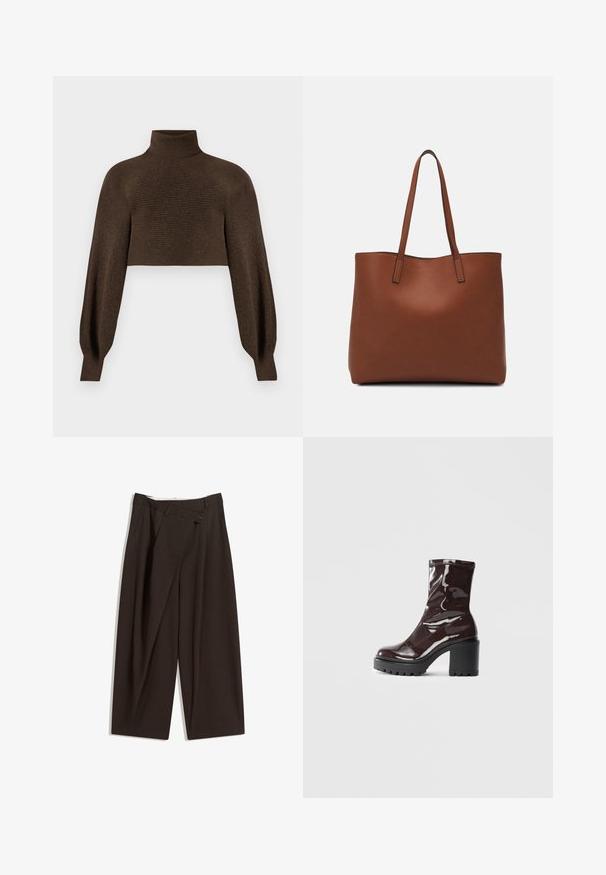 Rjav skrajšan pulover s turtleneck ovratnikom, ki ima rebrasto teksturo in obsežne rokave, izdelan iz mehkega, toplega materiala.; Temno rjave široke hlače z visokim pasom, ki imajo en gumb za zapiranje in zamaščen sprednji del. Narejene so iz lahkega blaga.; Sijajan škrlatank z bleščečim videzom, z masivnim črnim peto, ki se ponaša z gladko teksturo in preprostim dizajnom. Brez vidnih zapenjal ali vzorcev.; Rjava usnjena torba z gladko teksturo, odprto zasnovo zgoraj in dvema naramnima trakovoma. Opremljena je z minimalnim šivanjem in brez vidnih kovinskih delov.