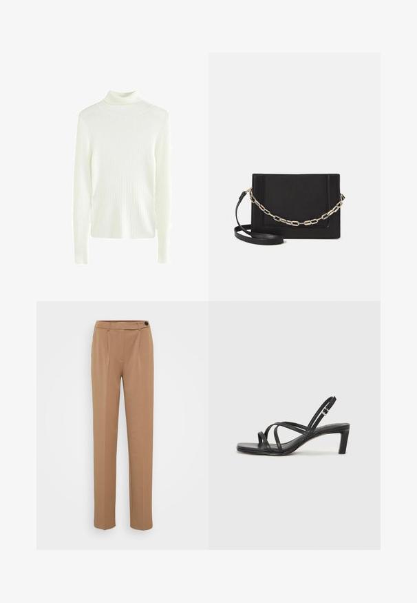 Vit, randig polotröja med långa ärmar och en figurnära silhuett. Mjuk textur och minimalistisk design, lämplig för lager-på-lager.; Bruna skräddarsydda byxor med rak ben, med en enda knappstängning och veckad framdesign. Slät textur, minimalistisk stil.; Svart sandaler med remmar och fyrkantig tå samt låg blockklack. Har flera tunna remmar och en justerbar ankelrem. Tillverkad av mjukt läder.; Svart läder crossbody-väska med en slät yta, rektangulär form och metallickedjedetalj på framsidan. Justerbar rem ingår.
