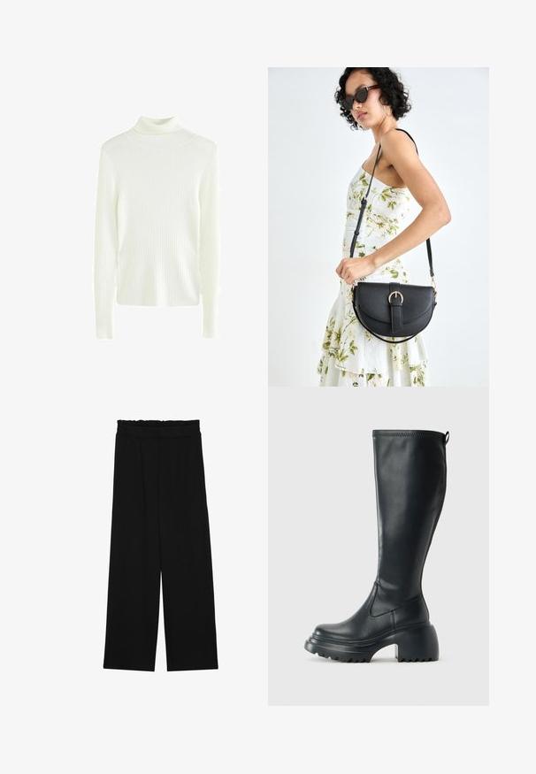 Fehér, bordázott garbó pulóver hosszú ujjakkal és testhezálló fazonnal. Puha tapintású és minimál dizájnú, rétegezéshez ideális.; Fekete, bőszárú nadrág fodros derékrésszel, két oldalsó zsebbel és sima, könnyű anyagból. Nincsenek látható minták vagy fémalkatrészek.; Magas fekete bőrcipő, vastag platform talppal és blokk sarokkal, húzófüllel és texturált profillal az outsole-on.; Fekete bőrtáska ívelt formával, levehető pánttal és arany színű fémrészekkel. A táskán egy csattal díszített fedél található.