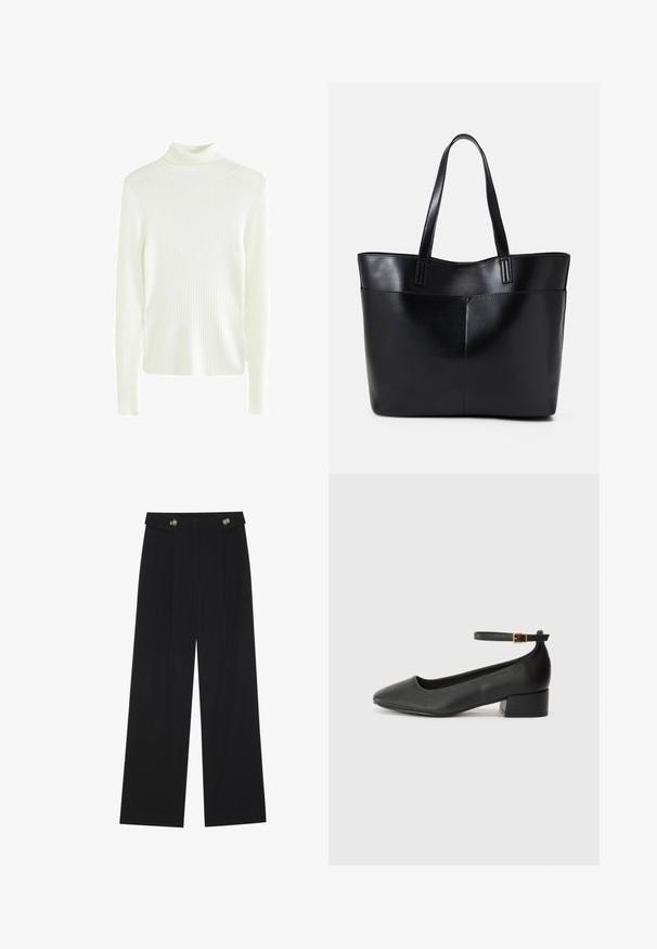 Valge, ribadega kõrge kraega kampsun pikkade varrukatega ja kitsaskujulise lõikega. Pehme tekstuur ja minimalistlik disain, sobib kihiliseks kandmiseks.; Mustad laiad püksid kõrge vöökoha ja nööpdetailidega vööandil, esikortsudega.; Must mustaapp, millel on terav nina ja madal blokk-kand. Omab pahkluu rihma koos kuldse tooni pandlaga. Sile tekstuur.; Must mustaga musta nahast, millel on kaks pikka kanda, sile tekstuur ja struktureeritud kuju. Esipoolsel on lisakoti jaoks tasku.