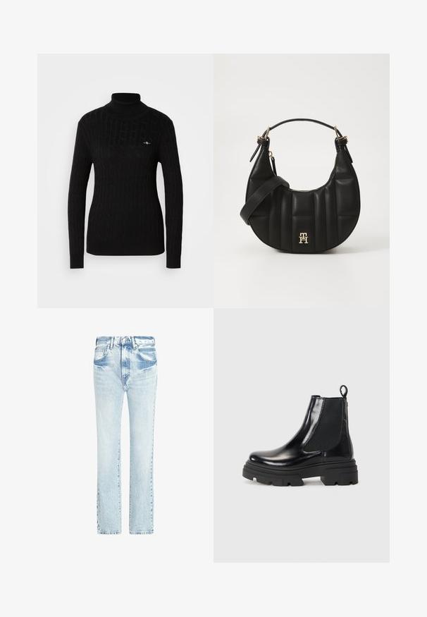 Juodas golfo megztinis su tekstūruotu kabeliniu raštu. Turtingas ilgomis rankovėmis ir pritvarkyta siluetu. Mažas logotipas ant krūtinės.; Šviesiai mėlynos džinsinės kelnės su tiesiu sijonu, penkiomis kišenėmis ir nusidėvėjusia tekstūra. Yra matoma siuvimo linija ir klasikinis mygtuko užsegimas.; Juodi odiniai aulinukai iki kulkšnies su elegantišku dizainu, elastingais šonų užtrauktukais ir masyviu juodu padu. Yra kilpa gale, kad būtų patogu apsiauti.; Juodas odinis rankinukas, su išlenkta forma, siuvinėta tekstūra ir auksiniais akcentais. Pasižymi nuimamu peties diržu ir logotipo detale.