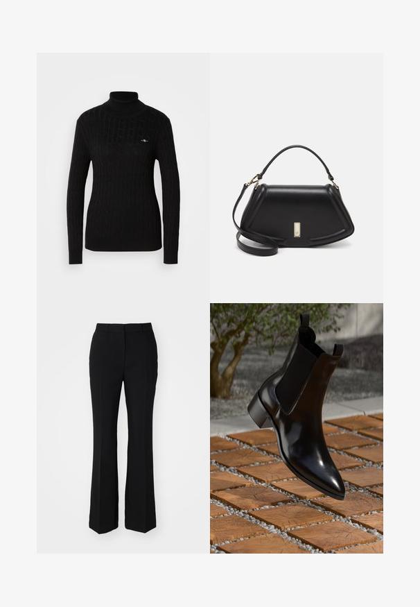 Svart turtleneck-tröja med en texturerad kabelstickad design. Har långa ärmar och en figurnära silhuett. Liten logotyp på bröstet.; Svarta skräddarsydda byxor med en utsvängd form. Tillverkade av ett mjukt tyg med framåtvända veck och en platt midja. Inga synliga fickor.; Svart läder Chelsea-stövlar med spetsig tå, elastiska sidopaneler och en kraftig klack, vilande ovanpå en yta med mönster av sten och trä.; Svart läderhandväska med en strukturerad design, som har en avskuren form, ett handtag upptill och guldiga detaljer. Justerbar axelrem ingår.