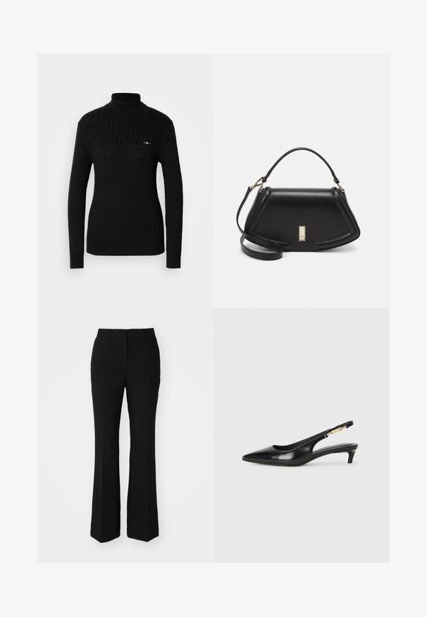 Pull à col roulé noir en tricot à torsades texturé. Il présente des manches longues et une silhouette ajustée. Petit logo sur la poitrine.; Pantalons noirs ajustés avec une coupe évasée. Fabriqués en tissu lisse avec des plis creux à l'avant et une taille plate. Sans poches visibles.; Talons hauts en cuir noir avec un bout pointu, dotés d'un talon fin et d'un accent en ton or sur la lanière réglable. Texture lisse.; Sac à main en cuir noir avec un design structuré, featuring une forme cropped, une poignée supérieure et des accents en matériel doré. Bandoulière réglable incluse.