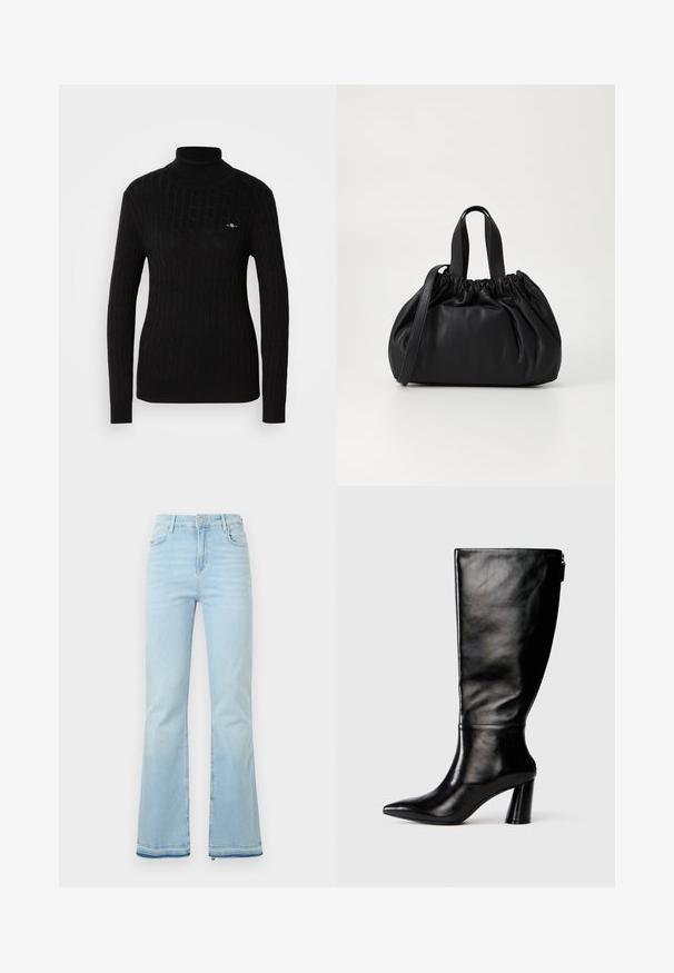 Maglione dolcevita nero con un design a trecce strutturate. Presenta maniche lunghe e una silhouette aderente. Piccolo logo sul petto.; Jeans flare azzurri in denim, caratterizzati da una vita alta, tasche anteriori e un orlo grezzo ai polsini per un look casual.; Stivale in pelle nera, alto fino al ginocchio, con punta affusolata, superficie liscia e tacco spesso. Presenta un dettaglio con zip sul retro.; Borsa a tracolla in pelle nera con design a cima arricciata, dotata di due manici corti e di una lunga tracolla regolabile. Texture liscia, forma arrotondata.