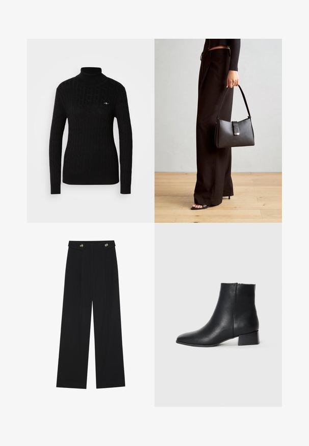 Čierny rolák s textúrovaným vzorom z pletenej bavlny. S dlhými rukávmi a priliehavým strihom. Malé logo na hrudi.; Čierne široké nohavice s vysokým pásom, so zapínaním na gombíky na páse a prednými sklady.; Čierne kožené členkové topánky s špicatou špičkou a nízkym blokovým podpätkom, so hladkou textúrou a minimalistickým dizajnom.; Čierna kabelka so štruktúrovaným tvarom, hladkou textúrou a kovovou sponou. V kombinácii so širokými čiernymi nohavicami a sandálmi s otvorenou špičkou na drevenej podlahe.
