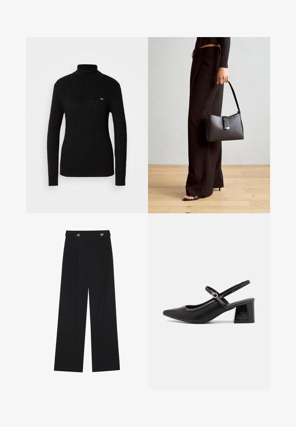 Maglione dolcevita nero con un design a trecce strutturate. Presenta maniche lunghe e una silhouette aderente. Piccolo logo sul petto.; Pantaloni neri a gamba larga con vita alta, dettagli con bottoni in vita e pieghe frontali.; Décolleté in vernice nera con cinturino dietro, punta affusolata, design con ritagli arrotondati e tacco a blocco. Presenta un accento di fibbia tono oro.; Borsa nera con forma strutturata, texture liscia e una chiusura metallica. Abbinata a pantaloni neri larghi e sandali open-toe su un pavimento in legno.