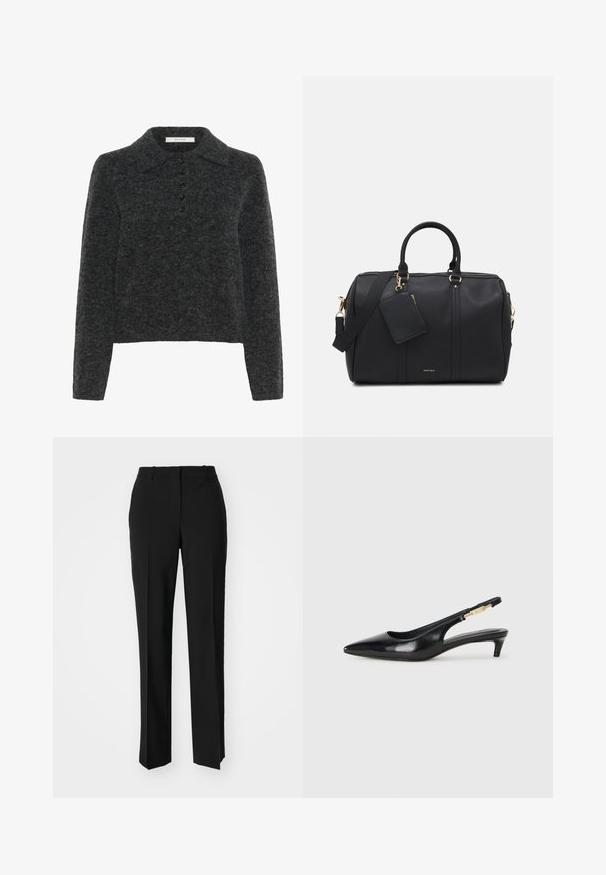Ciemnoszary wełniany sweter z klasycznym kołnierzykiem, długimi rękawami i pięcioma guzikami, o miękkiej, teksturowanej powierzchni.; Biała koszula zapinana na guziki, z długimi rękawami, kołnierzykiem w szpic, dopasowanym krojem, gładkiego materiału bawełnianego oraz z przodu zapinana na guziki.; Czarne spodnie o dopasowanym kroju z prostymi nogawkami, o gładkiej fakturze i wyraźnych zagięciach z przodu. Bez widocznych elementów metalowych.; Czarne skórzane szpilki typu slingback z ostrym noskiem, posiadające smukły obcas i złoty akcent na regulowanym pasku. Gładka tekstura.; Czarna torba podróżna z imitacji skóry z złotymi elementami, podwójnymi uchwytami, regulowanym paskiem na ramię oraz wyjmowaną kieszenią na etykietę.