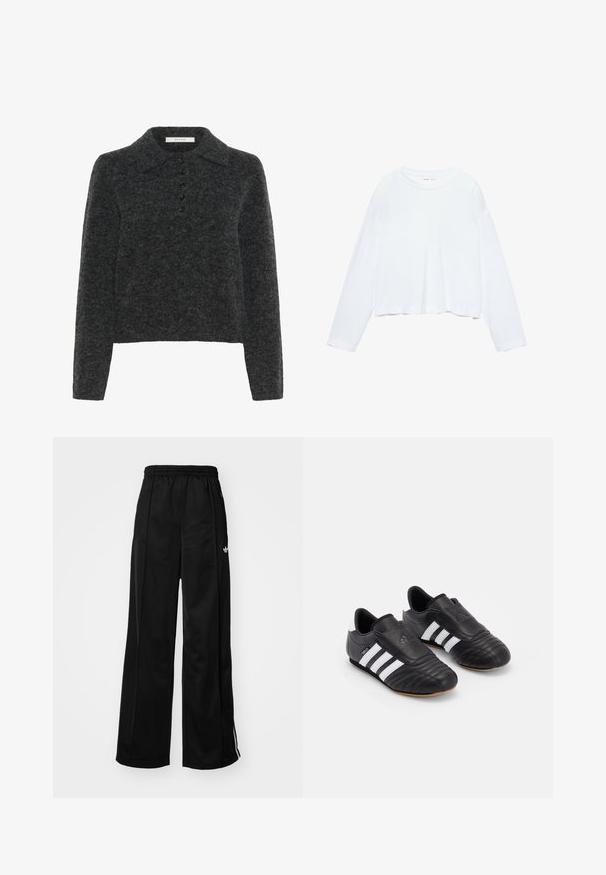 Sötétszürke gyapjú pulóver klasszikus gallérral, hosszú ujjakkal és öt gombra gombolt zárással, puha, texturált felülettel.; Hosszú ujjú, fehér, rövidített póló, puha anyagból készült, kerek nyakkal és laza szabással, felgöngyölt ujjaival. Egyszerű és letisztult design.; Fekete, bő szárú tréningnadrág, elasztikus derékkal, fehér oldalsávokkal és egy kis logóval a bal csípőn. Sima anyag textúrával.; Fekete focicipők, strukturált bőr felsőrésszel, párnázott orral, oldalt három fehér csíkkal és gumitalppal.