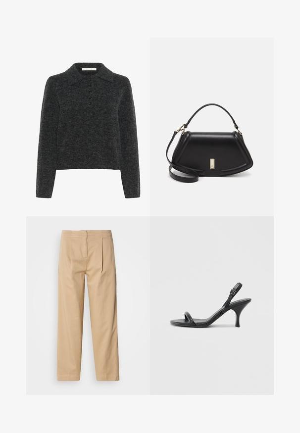Ciemnoszary wełniany sweter z klasycznym kołnierzykiem, długimi rękawami i pięcioma guzikami, o miękkiej, teksturowanej powierzchni.; Beżowe bawełniane spodnie o luźnym kroju, z dwoma fałdami z przodu, prostą nogawką oraz klasycznym zapięciem na guzik w talii.; Czarne skórzane sandały na wysokim obcasie z cienkim, zakrzywionym obcasem i skrzyżowanym wzorem pasków. Regulowany pasek na kostkę. Gładka faktura.; Czarna skórzana torebka o strukturalnym designie, z przyciętą formą, górnym uchwytem i złotymi akcentami. W zestawie regulowany pasek na ramię.