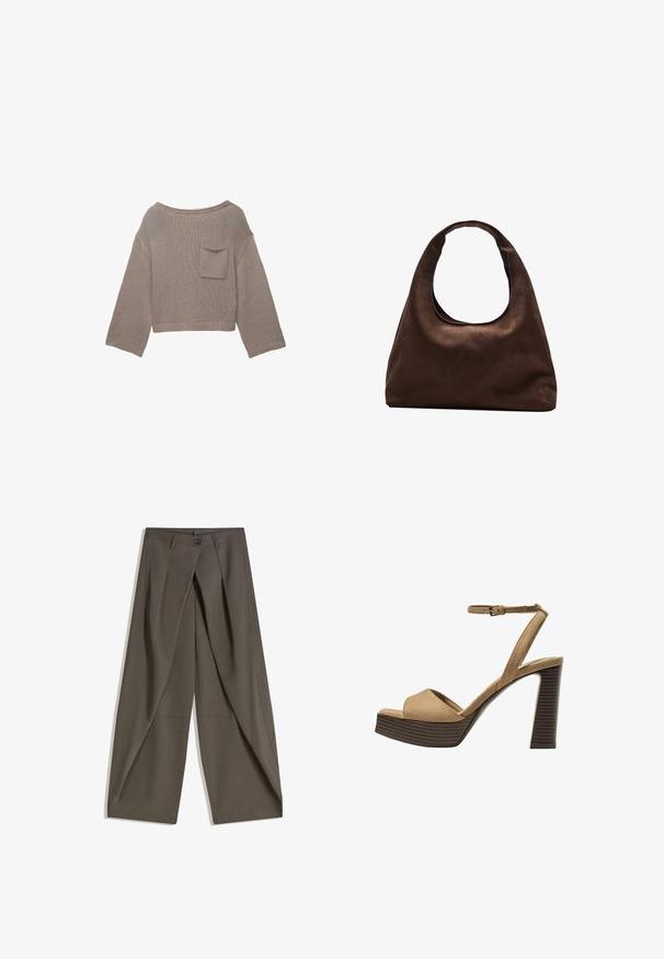 Taupe gestrickter kurzer Pullover mit langen Ärmeln, weiter Ausschnitt und kleiner Brusttasche auf einem weißen Hintergrund.; Weite Hosen aus einem strukturierten, dunkelgrauen Stoff. Mit einer vorderen Faltenlegung, Knopfverschluss und praktischen Seitentaschen ausgestattet.; Beige Wildleder-Pumps mit hohem Absatz, breitem Vorderband und Knöchelriemen, ausgestattet mit einem klobigen Holzblockabsatz mit strukturiertem Finish.; Weiche braune Hobo-Stil Handtasche mit einem einzigen breiten Trageriemen und einer geschwungenen Oberteilöffnung, auf einem weißen Hintergrund präsentiert.