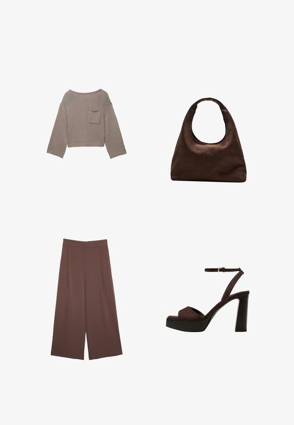 Taupe pleteni kratki pulover z dolgimi rokavi, širokim izrezom in majhnim žepom na prsih na beli podlagi.; Rjave široke hlače z gladko teksturo, ki imajo visok pas in sprednje naborke. Tkanina je lahka in prosto pada.; Rjave semiš sandale z visoko peto, odprto spredaj, z nastavljivim gležnjenjem in črtastim podplatom.; Mehakna rjava torbica v hobo stilu z enim širokim trakom in ukrivljenim odprtjem na vrhu, prikazana na beli podlagi.