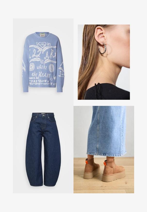 Pulover de culoare bleu deschis, confecționat dintr-un material tricotat. Caracteristici: text și desene grafice albe, inclusiv inimi și cercuri, pe partea din față. Gât rotund.; Blugi din denim de culoare albastru închis, cu talie înaltă și picioare late, cu închidere frontală cu nasture și fermoar, și design clasic cu cinci buzunare.; Botine maro din suede cu platformă, cu panouri elastice pe laterale și mânere portocalii, asortate cu o fustă din denim deschis până la genunchi, pe un podea din lemn.; Cercel din argint cu un finisaj polișat, având detalii mici din aur și o formă rotundă, purtat pe lobul urechii.