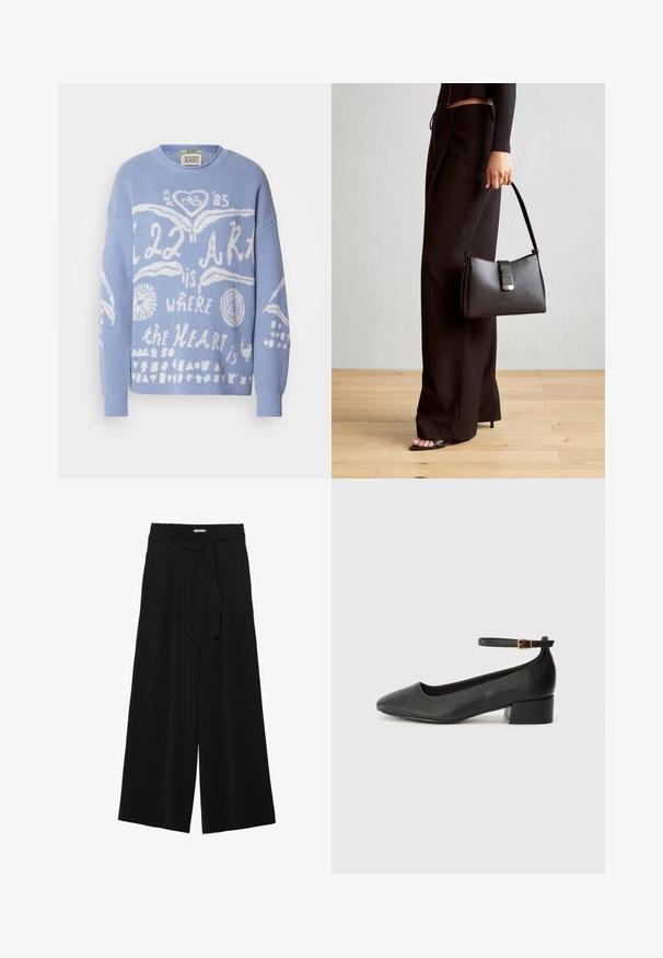 Jasnoniebieski sweter wykonany z dzianiny. Posiada białe graficzne napisy i wzory, w tym serca i okręgi, z przodu. Okrągły dekolt.; Czarne spodnie szerokie z teksturowanej tkaniny, z elastycznym paskiem w talii i odpinanym paskiem w talii dla regulowanego dopasowania.; Czarne skórzane szpilki z ostrym noskiem i niskim słupkowym obcasem. Wyposażone w pasek na kostkę z złotym zapięciem. Gładka tekstura.; Czarna torebka o usztywnionym kształcie, gładkiej fakturze i metalowym zapięciem. Połączona z szerokimi czarnymi spodniami i sandałami na otwartym palcu na drewnianej podłodze.