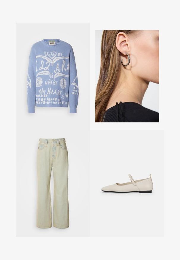 Pull bleu clair en tricot. Présente des textes graphiques et des designs blancs, y compris des cœurs et des cercles, sur le devant. Encolure ronde.; Jean large bleu clair en denim, avec une taille haute, cinq poches, et un léger délavage avec des accents de couture contrastante.; Ballerines blanches en cuir avec un bout pointu, une boucle sur le côté et un petit talon noir. Texture lisse et design minimaliste.; Boucle d'oreille en argent avec une finition polie, présentant de petits détails en or et de forme ronde, portée sur le lobe.