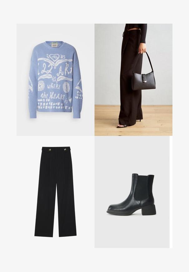 Maglione azzurro chiaro realizzato in tessuto knit. Presenta testo grafico bianco e disegni, tra cui cuori e cerchi, sul davanti. Collo rotondo.; Pantaloni neri a gamba larga con vita alta, dettagli con bottoni in vita e pieghe frontali.; Stivaletto in pelle nera con pannelli laterali elasticizzati, punta arrotondata e tacco basso a blocco. La superficie ha una texture liscia e un design minimale.; Borsa nera con forma strutturata, texture liscia e una chiusura metallica. Abbinata a pantaloni neri larghi e sandali open-toe su un pavimento in legno.