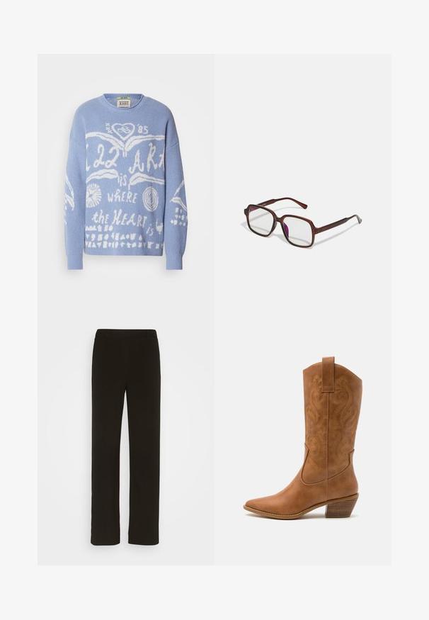 Pull bleu clair en tricot. Présente des textes graphiques et des designs blancs, y compris des cœurs et des cercles, sur le devant. Encolure ronde.; Pantalons noirs à jambe droite en tissu tissé, avec une taille plate, deux poches latérales et une texture lisse. Aucuns motifs ni accents visibles.; Bottes de cow-boy en cuir tan avec un bout pointu, des motifs en spirale brodés sur la tige, et un talon bloc empilé. Équipées d'une languette pour un enfilage facile.; Lunettes rectangulaires marron avec des verres transparents et des nuances violacées. Monture en plastique lisse avec des branches droites et des accents subtils.; Boucles d'oreilles en argent avec une finition lisse et polie. Forme ronde et fermeture à clip sécurisée. Design léger adapté pour un port quotidien.