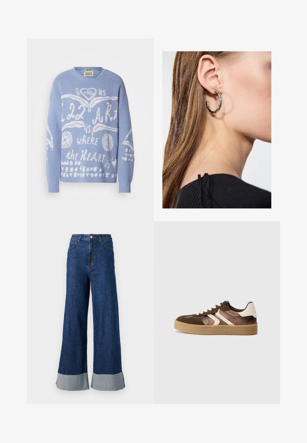 Vaaleansininen neulepaita, joka on valmistettu neuloksesta. Etupuolella on valkoista graafista tekstiä ja kuvioita, kuten sydämiä ja ympyröitä. Pyöreä pääntie.; Farkkuhousut, joissa on leveät lahkeet ja tummansininen pesu, näyttävät erottuvalta vaaleansinisen cuffin vuoksi ja niissä on klassinen viisi taskua -design.; Ruskeat ja kermaiset tennarit, joissa on mokkanahka- ja satiinimateriaaleja, kolmena vinona nauhana ja teksturoitu kumipohja.; Hopea renkaankorvakoru kiiltävällä pinnalla, jossa on pieniä kultaisia yksityiskohtia ja pyöreä muoto, käytetty korvalla.