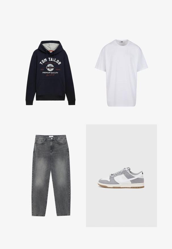 Tumši zila kapuce izgatavota no kokvilnas maisījuma, ar pelēku kapuces oderi, priekšējo kabatu un baltu/sarkanu grafisku tekstu uz krūtīm. Ribotas aproces un apakša.; Balta kokvilnas T-kreklu ar īsām piedurknēm, apaļu kakla izgriezumu, brīvu piegriezumu un bez redzamām logo vai rakstiem. Gluda tekstūra un minimālistisks dizains.; Augsta vidukļa, platā stila džinsi izbalējušā melnā denima. Ar pieciem kabatām, jostas cilpām un tīru, taisnu kāju dizainu.; Pelēki un balti sporta apavi ar zamšādas un ādas virsu, noapaļota purngala, plakaniem šņorēm un gumijas zoli ar gumijas akcentu.
