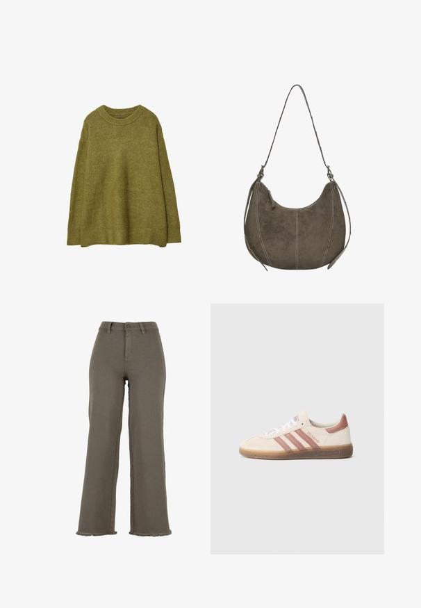 Maslinasto zeleni oversized pleteni pulover s rebrastim okruglim izrezom i rubom. Tkanina ima mekanu teksturu s suptilnim sjajem. Labav kroj, duži rukavi.; Maslinasto zelene široke traperice s dugim nogavicama, sa kopčanjem na dugme, izrezanim rubovima i prednjim džepovima. Glatka tekstura kroz cijelu tkaninu.; Bež tenisica od brušene kože s ružičastim detaljima, tri ružičaste pruge, bijelim vezicama i prozračnim gumiranim potplatom. "Spezial" natpis sa strane.; Smeđa suđena hobo torba s zakrivljenim oblikom, kontrastnim šavovima, jednim remenom za rame i detaljem sa zatvaračem. Cjelokupna površina je glatka.