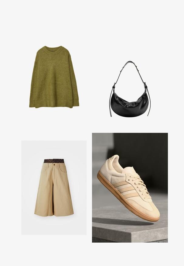 Pull en tricot surdimensionné vert olive avec un col ras du cou et un ourlet côtelés. Le tissu a une texture douce avec un léger éclat. Coupe ample, manches longues.; Shorts kaki avec une conception à jambe large et une ceinture à imprimé léopard. Comprend des poches avant et une fermeture à bouton. Tissu lisse et texturé.; Sneaker en suède beige clair avec semelle en gomme, trois rayures diagonales et un capuchon de pied texturé. Logo sur la languette et sur le côté.; Sac à main en cuir noir en forme de croissant, texture lisse et bandoulière réglable, avec de subtils accents en métal. Fermeture éclair visible.