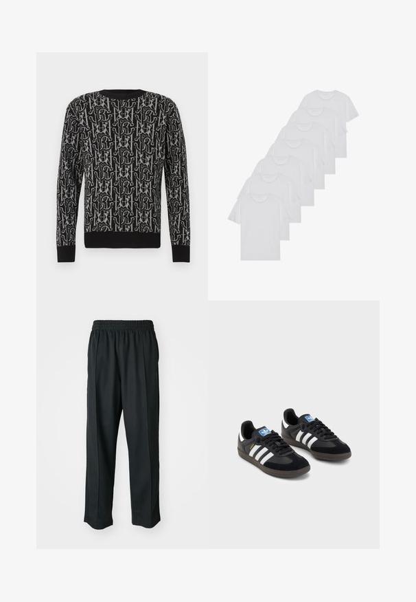 Čierny pletený sveter s opakujúcim sa sivým vzorom písmen a tvarov, s okrúhlym výstrihom a rebrovanými manžetami a lemom.; Biele bavlnené trička, krátke rukávy, dizajn s okrúhlym výstrihom, hladká textúra, naskladané v rade, so subtilným brandingom na výstrihu.; Čierne športové nohavice s elastickým pásom, vyrobené z hladkého materiálu, s jemným bočným šitím a voľným strihom, rovný strih.; Čierne tenisky so zvrškom z semišu a syntetického materiálu, s tromi bielymi pruhmi, štruktúrovanou gumovou podrážkou a modrou logovou etiketou na jazyku.