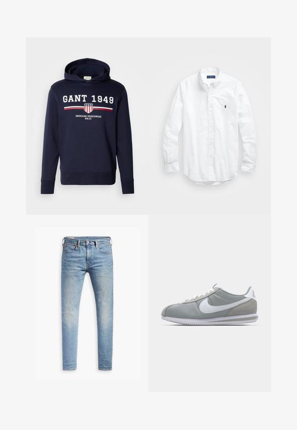 Felpa blu navy con grafica frontale che presenta "GANT 1949" e un logo a scudo. Realizzata in materiale morbido, ha maniche lunghe e cappuccio con cordino.; Camicia bianca a maniche lunghe con bottoni in cotone. Presenta un colletto classico, polsini a bottone e un piccolo logo ricamato in blu navy sul petto.; Jeans slim fit blu chiaro con leggere sfumature sulle cosce, chiusura con bottone anteriore, passanti per cintura e cinque tasche su uno sfondo bianco.; Scarpa sportiva grigia con tomaia in camoscio e tessuto, swoosh Nike bianco e lacci bianchi. Presenta una suola in gomma testurizzata e un collare imbottito.