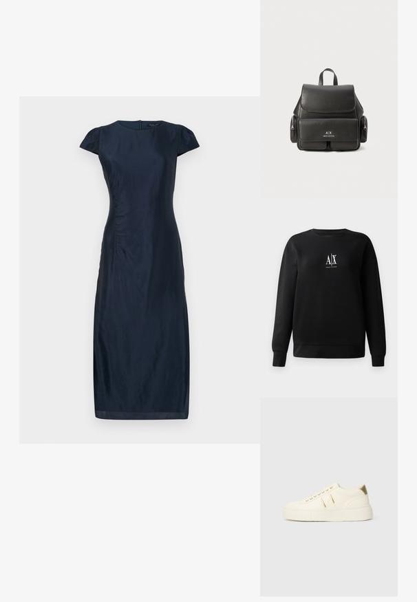 Fekete pamut keverék pulóver, kerek nyakkal és hosszú ujjal. Az elülső középen fehér "A|X" logó található. Simás textúra.; Sötétkék, testhez simuló ruha rövid ujjal, textúrált anyagból, oldalsó ráncolással. Térdhosszú, rejtett hátsó cipzárral. Sima felület.; Krém színű, alacsony sarkú sportcipő arany kiegészítőkkel, fűzőkkel, valamint dombornyomott "Armani Exchange" logóval a talpon és az oldalsó foltján.; Fekete bőr hátizsák, fedéllal záródik, elülső zsebbel, oldalsó cipzáras rekeszekkel és felső fogantyúval rendelkezik. Az elején logó részletezéssel.