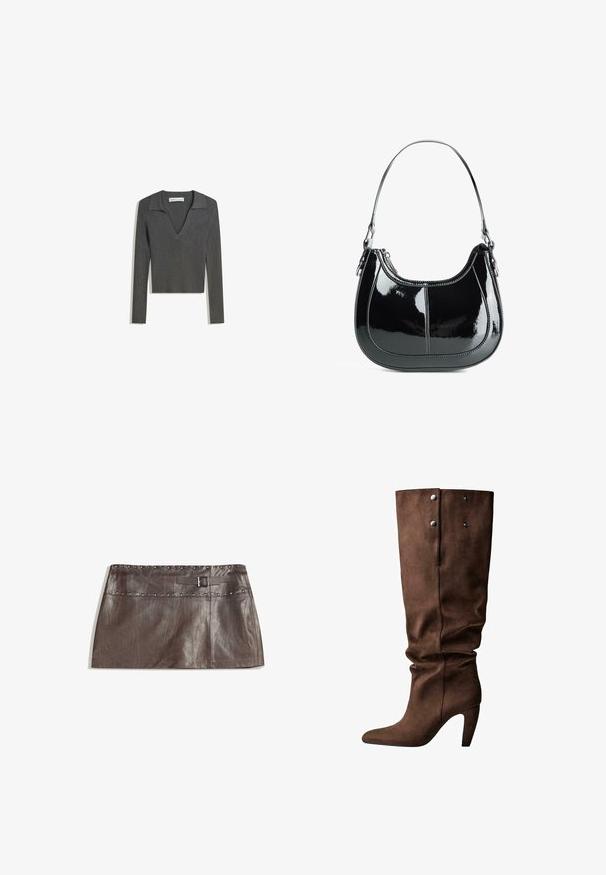 Mörkgrå ribbad långärmad skjorta med bred krage och djup V-ringning, liggande platt på en vit bakgrund.; Brun läder mini kjol med en nitzlad midja och ett bälteshål med spänne, slät textur och en elegant, rak design.; Bruna mockasin knähöga stövlar med spetsig tå och smal klack. Har två silverfärgade tryckknappar och ett samlat övre mönster.; Svart lackläderhandväska med en böjd design, dragkedjestängning och ett enda axelband med detaljer i silverfärgade metall och sömnadsaccenter.
