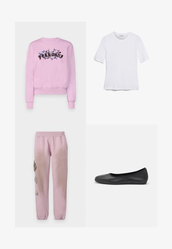 Pink sweatshirt with long sleeves, ribbed cuffs, and a crew neck. Features a black "FERRAGNI" logo surrounded by colorful butterfly designs.; White short-sleeve t-shirt made of ribbed fabric. Round neckline, regular fit, and subtle stitching details. No patterns or graphics.; Pink sweatpants with an elastic waistband, featuring decorative patches in diamond shapes on the left side and elastic cuffs at the ankles.; Black leather ballet flat with a rounded toe, smooth texture, minimal stitching detail, and a flexible sole design.