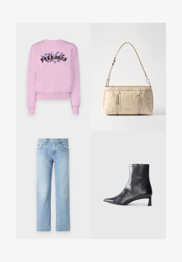 Roosa pusakorv, pikkade varrukatega, ribakudumisega mansettide ja ümmarguse kaelusega. Esiküljel on must "FERRAGNI" logo, mida ümbritsevad värvilised liblikakujundused.; Heledad sinine denim püksid sirge lõikega, viie taskuga, nupuga ja lukuga kinnitamine ning kergelt kulunud viimistlus.; Mustad mustall nahkasaabas terava nina ja stiilse disainiga. Omab madalat konts ja luku sulgemist taga. Sile tekstuur.; Bež nahk tasku hõbedase riistvaraga, kahe külgse lukuga, struktuurne disain ja eemaldatav rihm mitmekesiste kandmisvõimaluste jaoks.