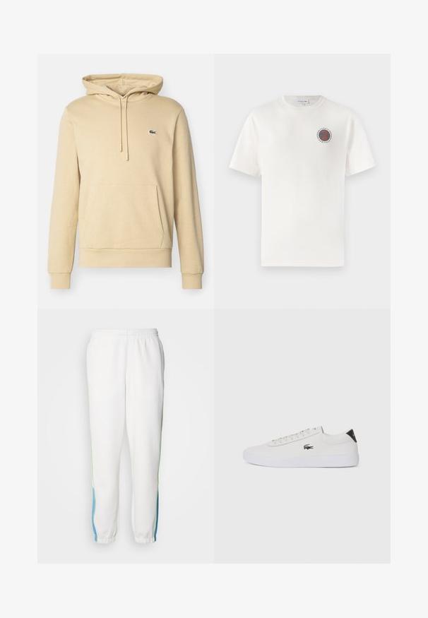 Felpa beige realizzata in tessuto morbido, con tasca a marsupio, polsini a coste e un piccolo logo verde sul petto.; T-shirt bianco in cotone a maniche corte, con un logo circolare blu e arancione "Tennis Heritage" sul lato sinistro del petto.; Pantaloni della tuta bianchi con vita elasticizzata, con strisce laterali verdi e blu. Tessuto morbido con design a gamba affusolata.; Sneaker bianco in pelle con punta rotonda, chiusura con lacci e accentuazione nera sul tallone. Presenta un piccolo logo di coccodrillo ricamato sul lato.