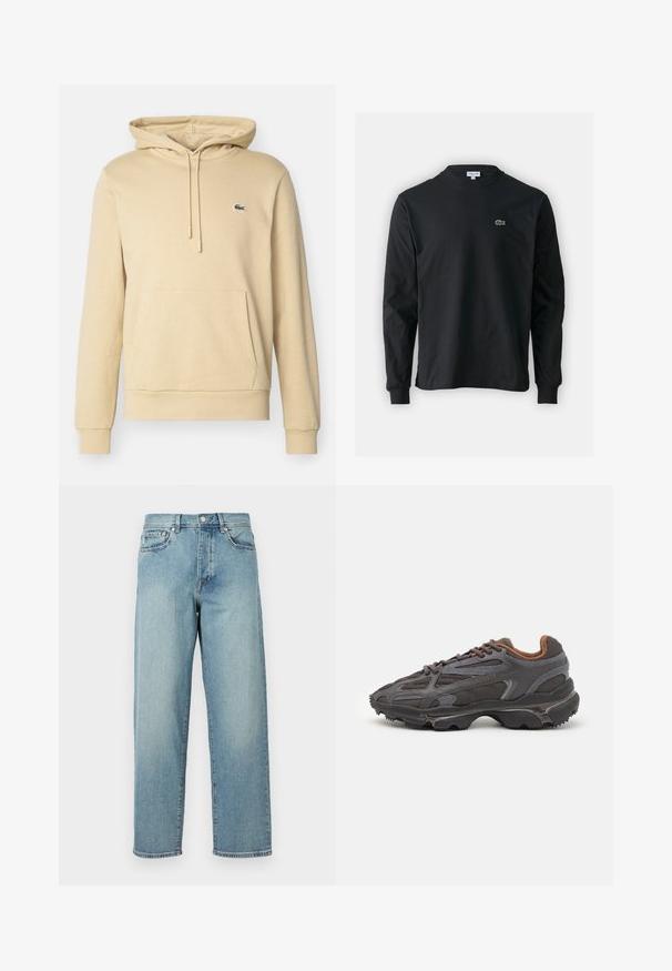 Sweatshirt bege feito de tecido macio, com um bolso canguru, punhos canelados e um pequeno logótipo verde no peito.; Camisola preta de manga longa feita de algodão, com decote redondo e um pequeno logótipo de crocodilo bordado em verde no lado esquerdo do peito.; Jeans de denim azul claro com um corte solto, pernas retas, design de cinco bolsos e fecho de botão na cintura. Detalhe de costura minimalista.; Ténis Lacoste em cinza-escuro com material em malha e sintético, apresentando uma sola texturizada e detalhes castanhos na gola e na marca.