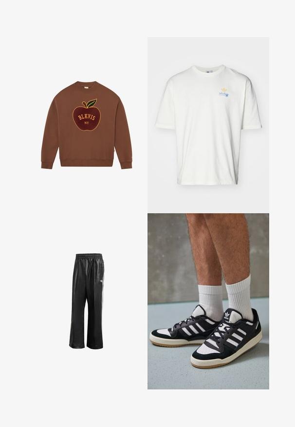 BLKVIS - Bluza; Biała bawełniana koszulka z okrągłym dekoltem, krótkimi rękawami, z niebieskim napisem "adidas" oraz żółtym logo trefoil na piersi.; Czarne syntetyczne spodnie dresowe z elastycznym pasem, z białymi paskami po bokach i małym białym logo na lewym biodrze.; Czarno-białe sneakersy z zamszową i skórzaną cholewką, z trzema białymi paskami, perforowanym czubkiem i gumową podeszwą w kolorze gumy.