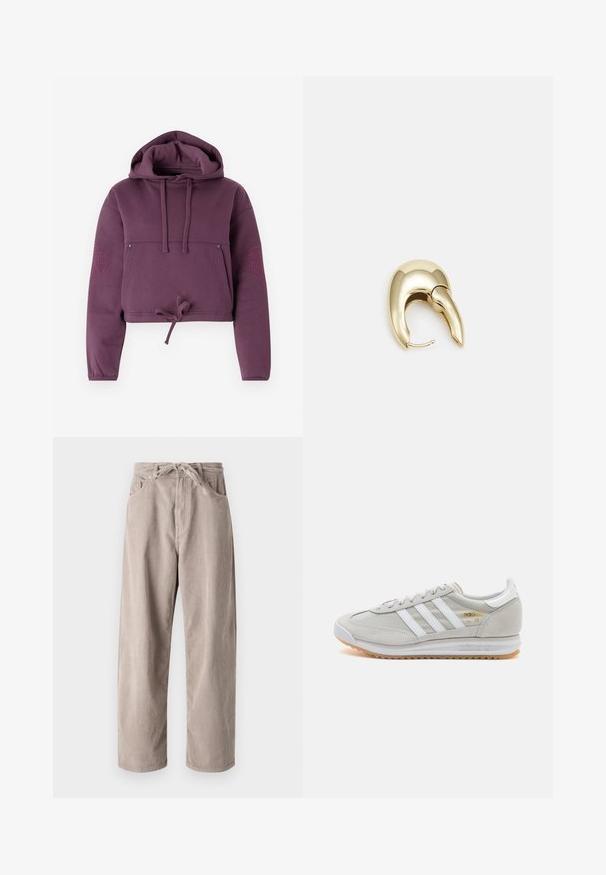 Zúžená mikina s kapucňou v hlbokej purpurovej farbe, vyrobená z mäkkej látky. Obsahuje šnúrku na spodnom okraji, predné vrecko a embosované logo na jednej rukáve.; Béžové kordové nohavice s voľným strihom, s elastickým pásom na šnúrku, dvoma prednými vreckami a vertikálnym ryhovaným vzorom.; Svetlosivé tenisky vyrobené z kože a sieťoviny, s tromi bielymi pruhmi, okrúhlou špičkou a gumovou podrážkou. Zlatý logový akcent pri šnúrkach.; Náušnice z kovu v zlatej farbe s elegantným, zakriveným dizajnom. Majú charakteristický špicatý tvar, leštený povrch a uzáver na pánt.