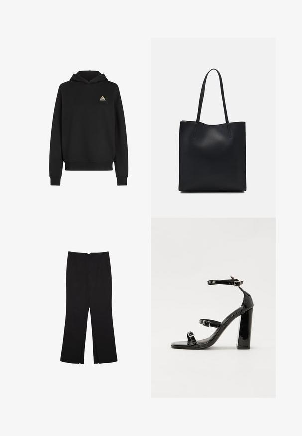 Črna kapuca z kenguru žepom, nastavljivo vrvico in trikotnim večbarvnim logotipom na levem prsnem delu. Mehak material.; Črne hlače ravnega kroja z naglavnimi žepi in stranskimi razporki na robu. Narejene iz mehke, gladke tkanine. Primerne za različne priložnosti.; Črne lakirane sandale s peto, kvadratnim prstom, trakovi okrog gležnja in srebrnimi zaponkami. Opremljene so s stabilno Debelo peto.; Črna usnjena torba s svilnato teksturo, pravokotne oblike in dvema dolgima ročajema. Brez vidnih metalnih delov ali okrasnih elementov.