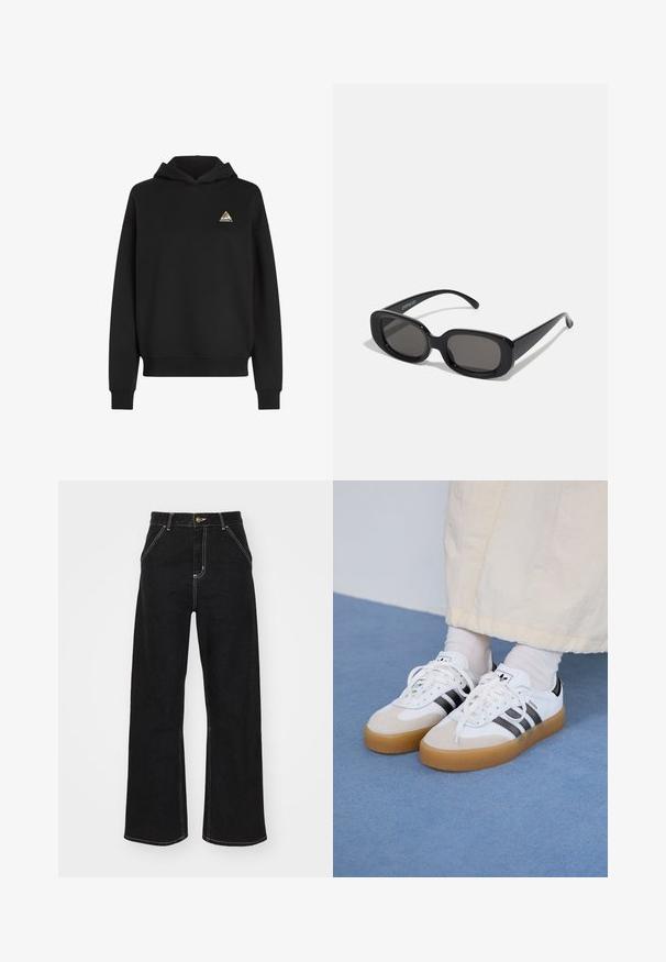 Juodas džemperis su kengūros kišene, reguliuojamu raišteliu ir trikampiu daugiaspalviu logotipu kairėje krūtinės pusėje. Minkšta medžiaga.; Juodi platūs džinsai, pagaminti iš džinsinio audinio, su kontrastingomis baltomis siūlėmis ir priekiniais mygtukais, turintys du kampinius priekinio kišenes.; Baltos sportbačiai su noir juostomis ir šviesiai rudos zomšos akcentais. Yra tekstūruota gumos padas ir plokščiomis baltomis raištelėmis, dėvimi su šviesiai spalvotomis kojinėmis.; Juodai stačiakampiai saulės akiniai su tamsiais lęšiais. Storas plastikinis rėmas, lygus paviršius ir apvalūs kraštai. Stilingi šventyklos išsikiša į šonus.