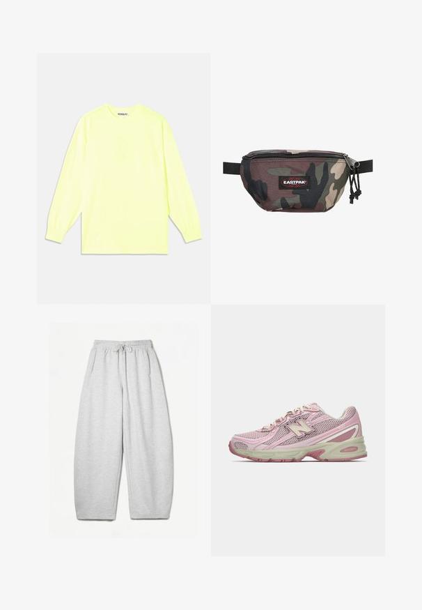 Langsleeve t-shirt in fel neon geel. Gemaakt van gladde stof, met een ronde hals en elastische manchetten. Merkennaam subtiel op de voorkant gedrukt.; Lichtgrijze sweatpants met een ontspannen pasvorm, elastische tailleband, trekkoord en zijzakken; gemaakt van zachte, gestructureerde stof.; Roze en beige New Balance 740 sneaker met een bovenwerk van mesh en kunstleer, vetersluiting en een gevoerde zool, weergegeven in zijprofiel.; Camouflage heupriem gemaakt van duurzame stof, met een ritsluiting, verstelbare band en een rode Eastpak-logo patch aan de voorkant.