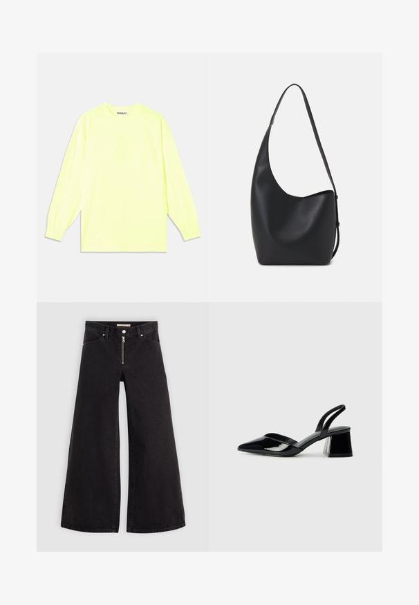 Tričko s dlouhým rukávem v jasně neonově žluté barvě. Vyrobeno z hladkého materiálu, má kulatý výstřih a elastické manžety. Název značky nenápadně vytištěn na přední straně.; Džíny s širokými nohavicemi v černém denimovém provedení se zipem vpředu, pěti kapsami a jemnými švy. Hladká textura a ležérní styl.; Černé lakované kožené lodičky na pásku s špičatou špičkou a geometrickým blokovým podpatkem. Vyznačují se elegantním, minimalistickým designem a hladkým povrchem.; Černá kožená hobo taška s hladkým povrchem, zakřiveným tvarem a jedním nastavitelným popruhem; má široké otevírání nahoře.