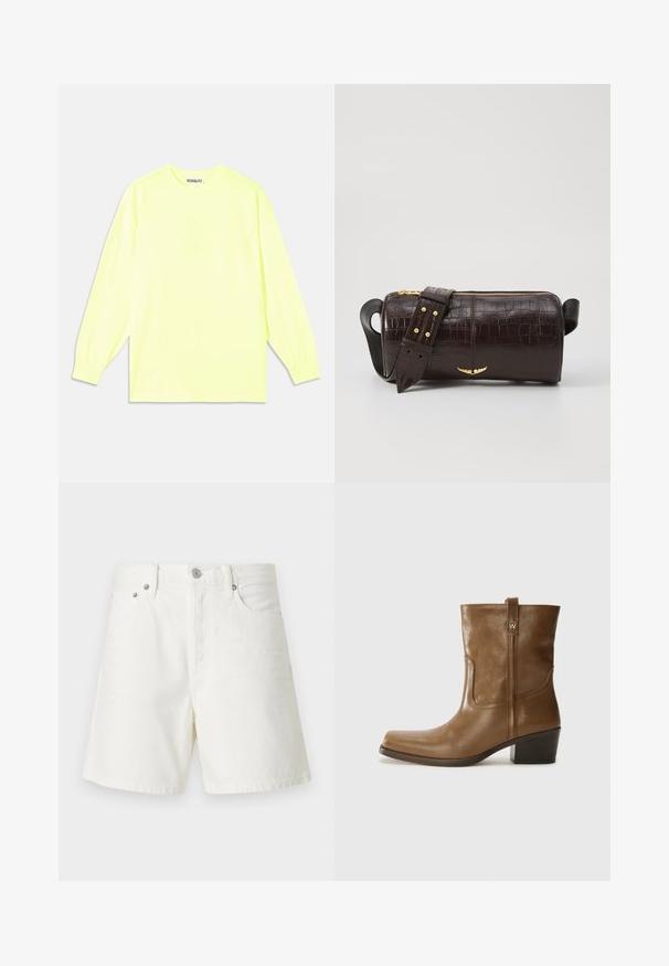 Langarm-T-Shirt in leuchtend neon-gelb. Hergestellt aus glattem Material, mit Rundhalsausschnitt und elastischen Manschetten. Markenname dezent auf der Vorderseite aufgedruckt.; Weiße Jeansshorts mit geradem Schnitt, Fünf-Taschen-Design, vorderem Knopfverschluss, silberner Hardware und genähten Details.; Braune Leder-Ankle-Boots mit quadratischer Zehenform, strukturiertem Finish und niedrigem, gestapeltem Absatz. Ausgestattet mit einer Zuglasche auf der Rückseite und dezenten Stickdetails.; Braune, krokodilgeprägte Lederhandtasche mit zylindrischer Form, goldfarbener Hardware und einem abnehmbaren Tragegurt mit Nieten.