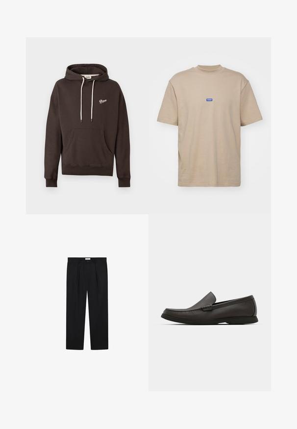 Dark brown hooded sweatshirt with front pocket, white drawstrings, and small white "Pompeii" logo on the left chest.; Beige cotton T-shirt with a high neckline, short sleeves, and a small blue rectangular logo reading "HUGO" on the chest.; Black tailored pants with front pleats, a straight-leg design, and a button closure. Fabric appears smooth with a slight sheen.; Dark brown leather loafers with a rounded toe, subtle stitching detail, and a low rubber sole. Smooth texture with a flexible fit.